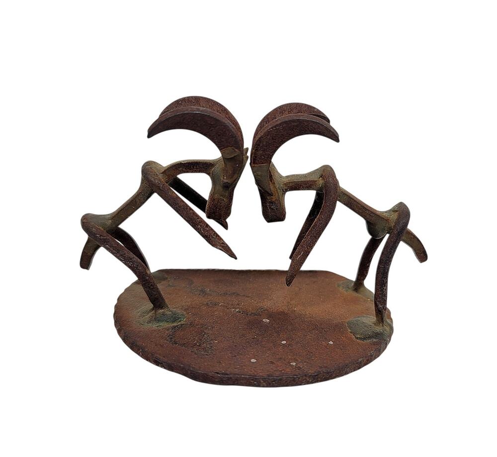 Vtg Small Iron Gazelle Goat Horns Sculpture the Style of Frederic Weinberg 2.5"